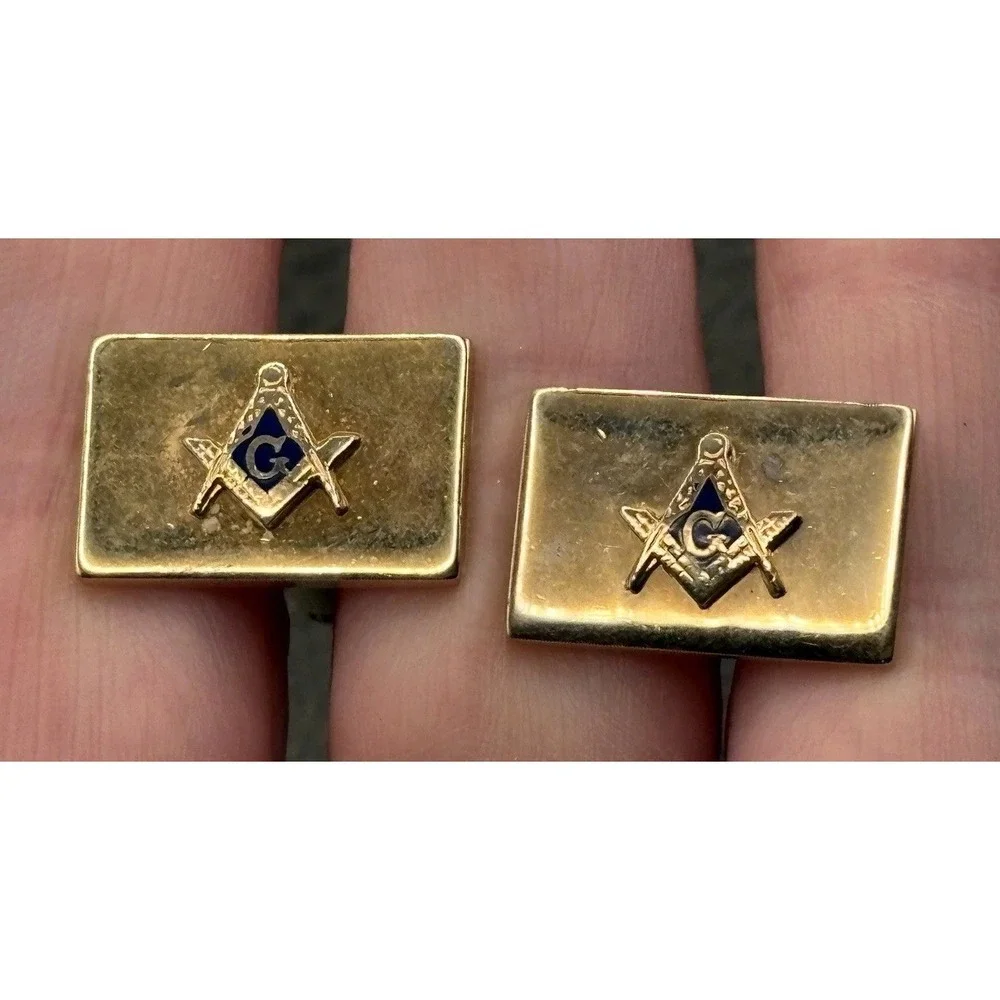 Vintage Flex-Let Masonic Free Mason Symbol Blue Enamel Cufflinks Gold Tone